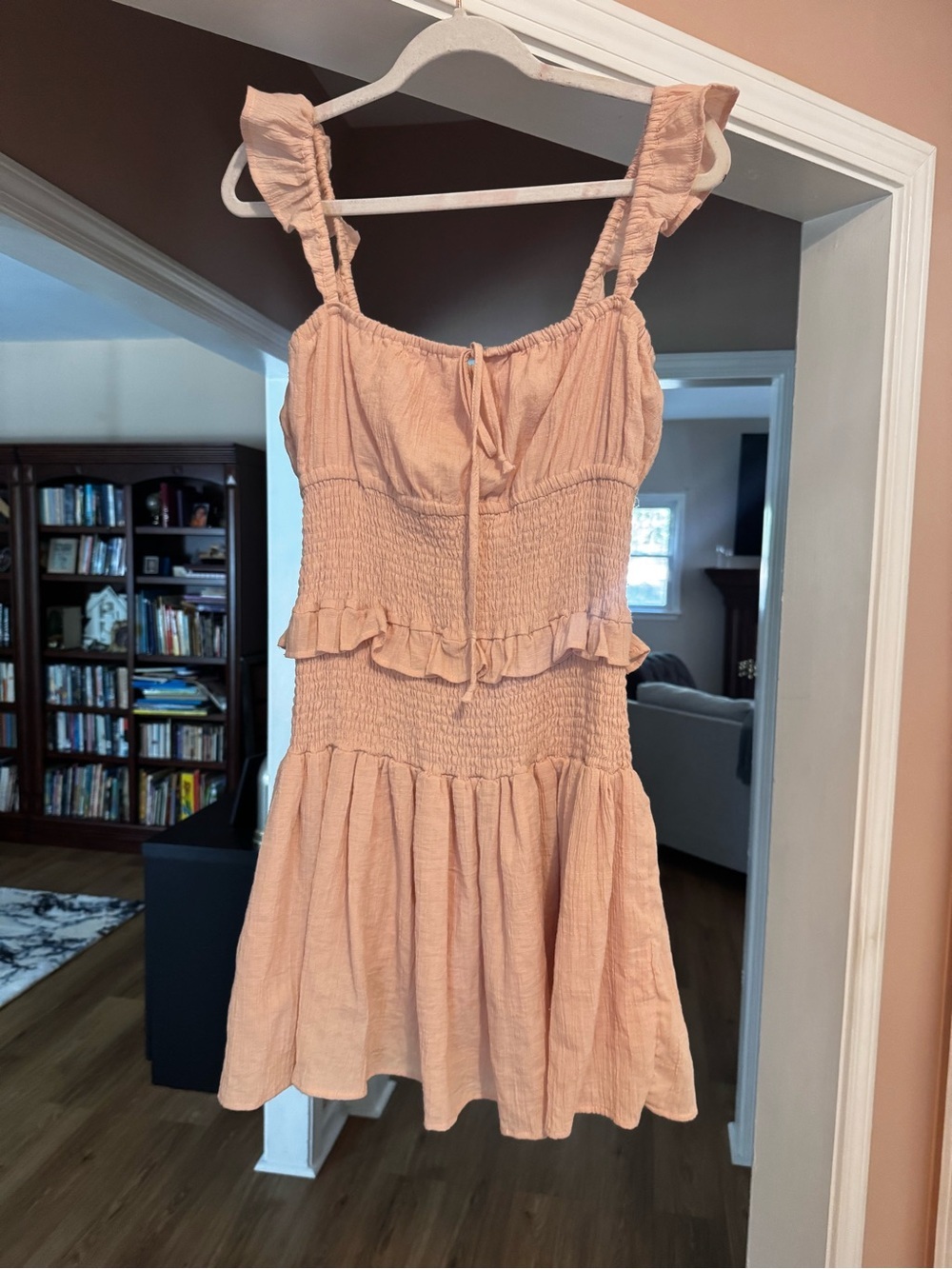 Her Entire Name Says Grace Peach Smocked Ruffle Mini Dress Size L